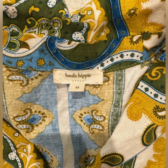 Haute hippie short sleeve collared linen blend bright paisley top - Picture 5 of 8